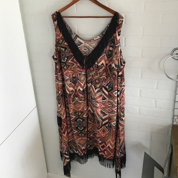 mblm Swing Dress Fringe Southwestern print Native Wrap Orange Black 4X - Picture 4 of 8